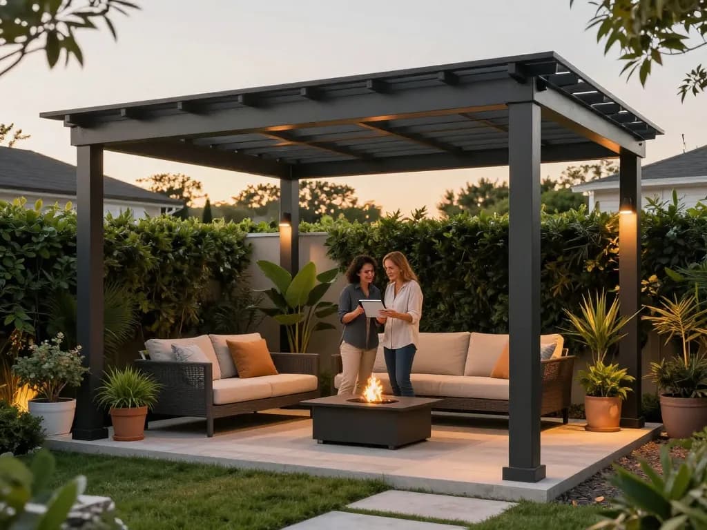 Configuratore pergole con preventivi automatici in uno spazio esterno moderno, coppia che personalizza la propria pergola con un tablet.