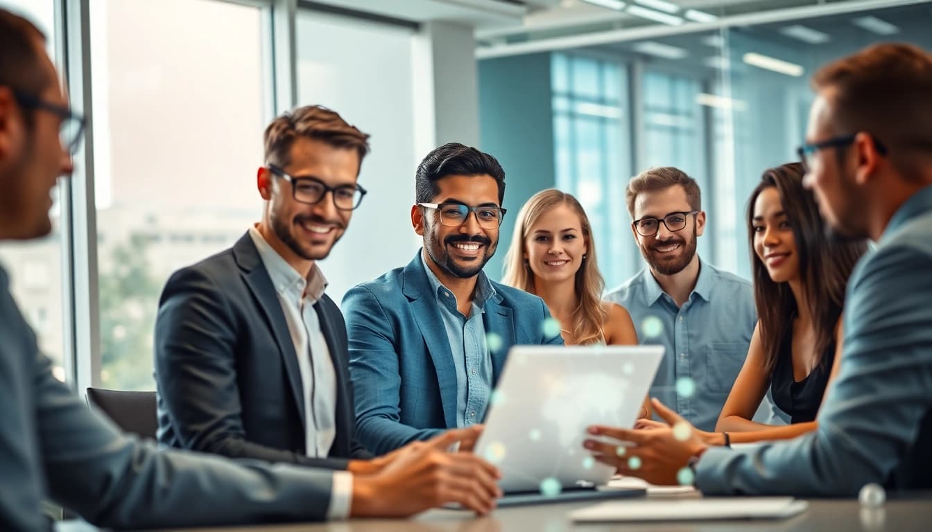AI Employee collaborating with a diverse team in a modern office setting.