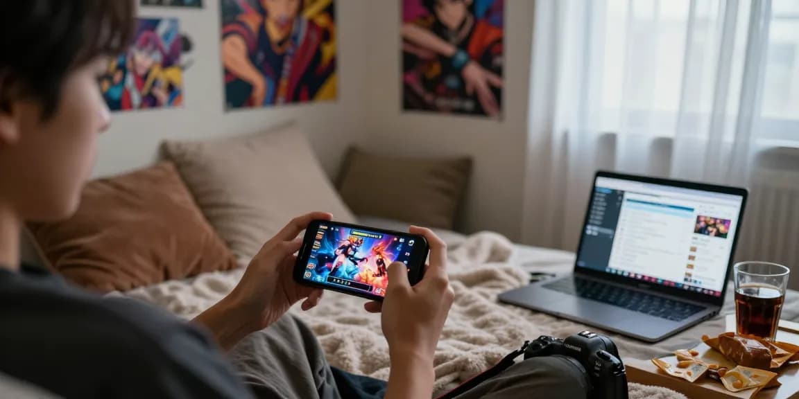 Enjoying a mobile hentai game on a cozy bed with vibrant graphics and snacks.