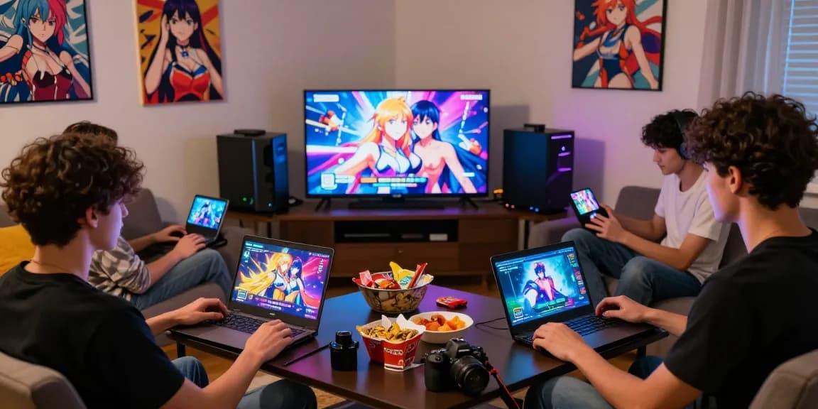 Engaged players enjoying diverse hentai games in a cozy living room.