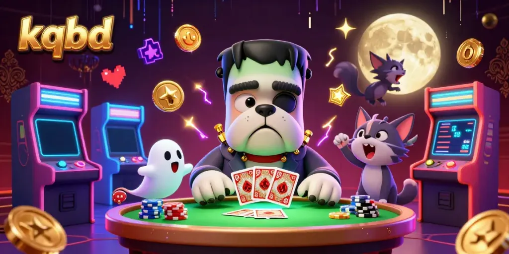 Catch kqbd updates as Frankenstein bulldog deals cards at spooky casino table.