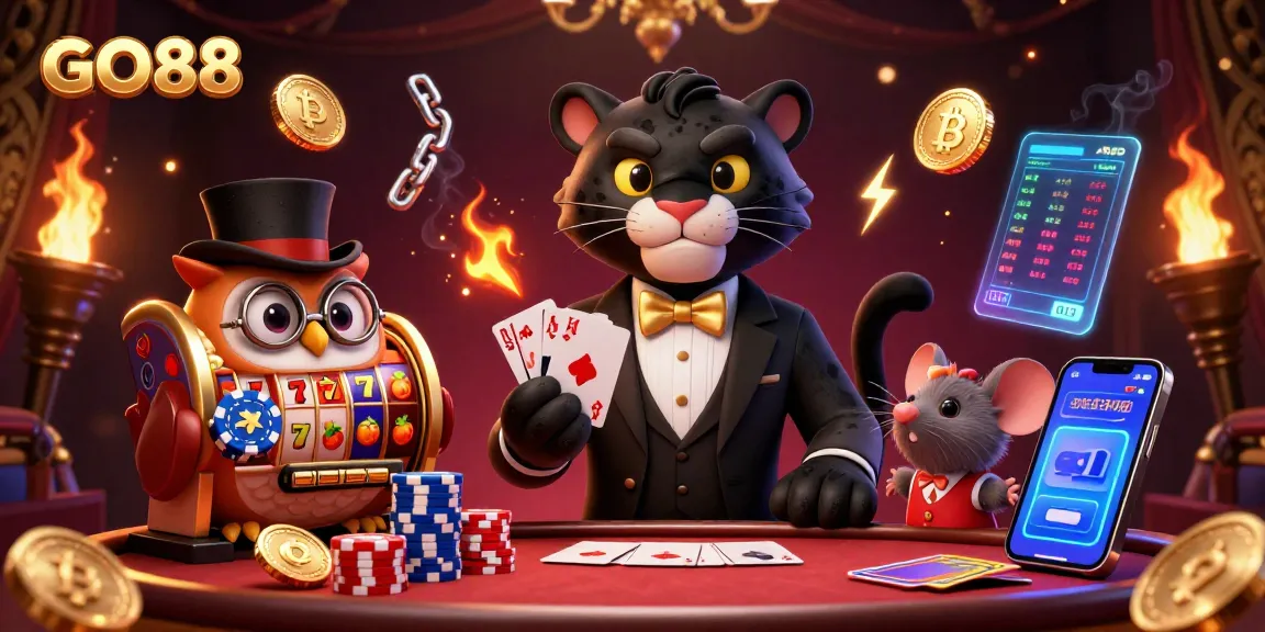 Experience GO88's thrilling casino scene with stylish characters and vibrant game elements for ultimate excitement.