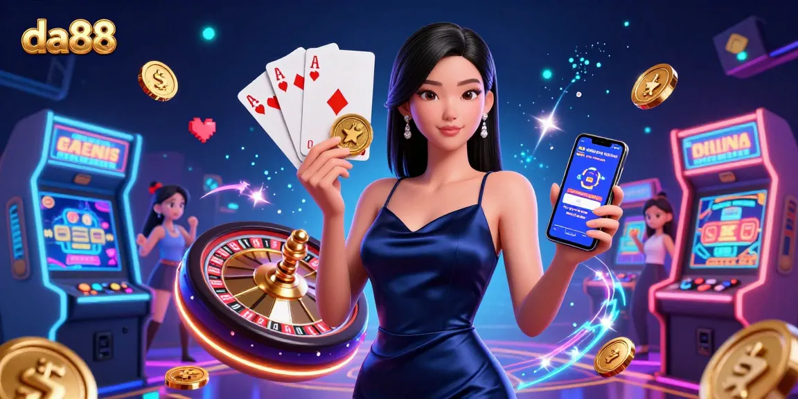 Experience the thrill at da88 with a stunning scene of a confident Asian woman holding a chip and smartphone amidst vibrant casino elements.