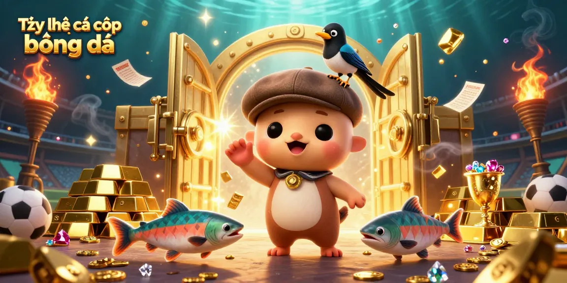 Bet on Tỷ lệ cá cược bóng đá with colorful characters and sparkling treasures in a dynamic scene.