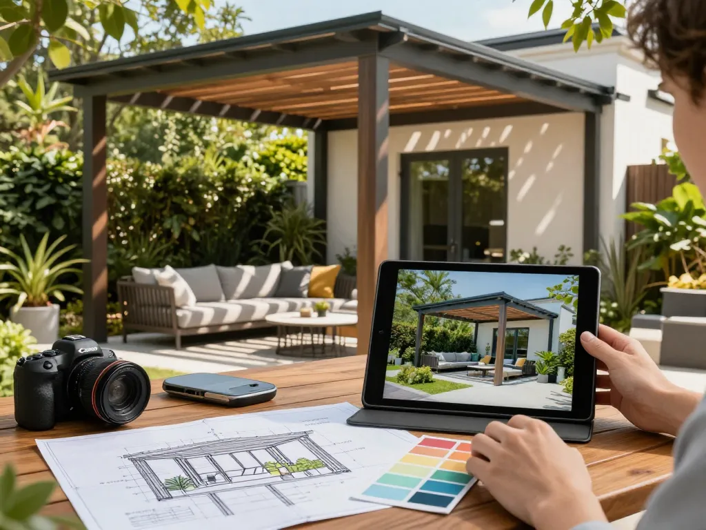 Innovative software configuratore pergole in action as user designs a custom pergola in a beautiful outdoor setting.