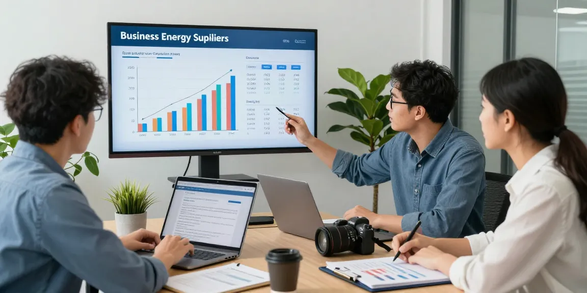 Team discussing big six energy suppliers' pricing strategies in a modern office.