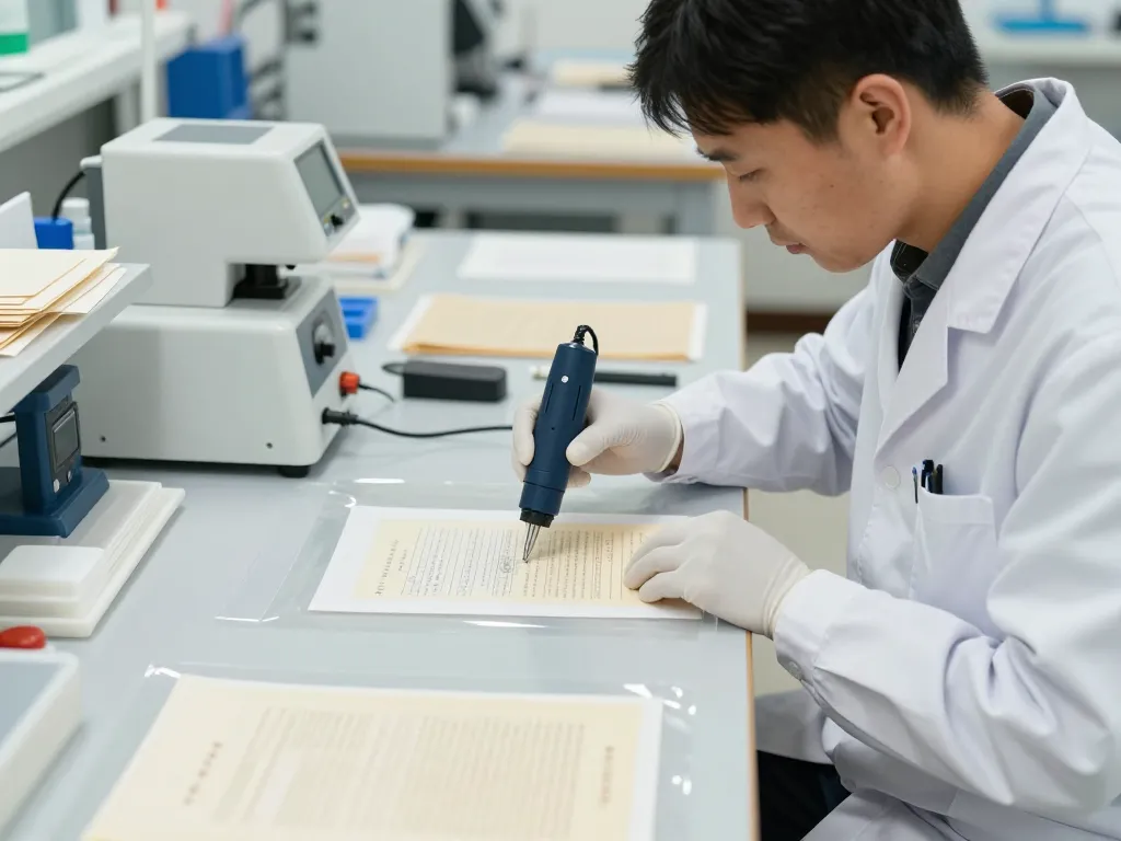 Document restoration expert performing bóc ép plastic thanh hóa using advanced technology to preserve documents.