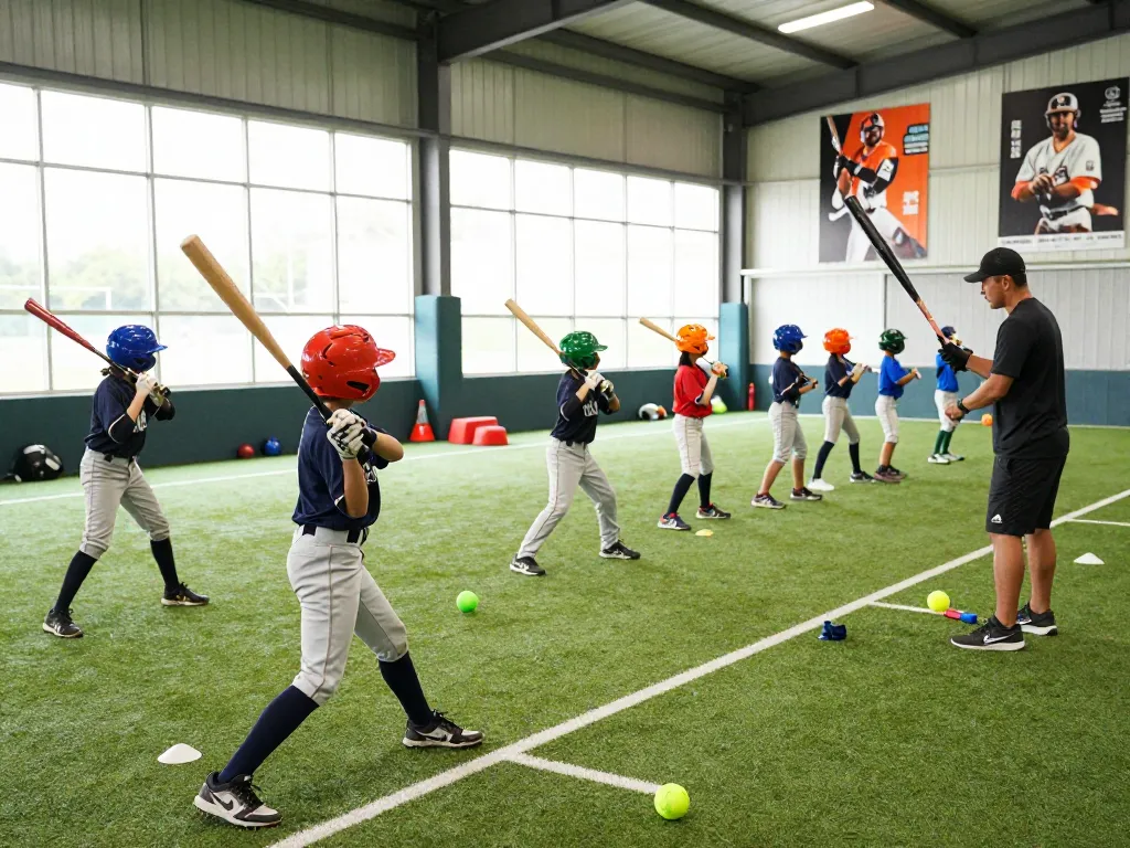 Young athletes practicing at hitclub indoor baseball facility with energetic atmosphere
