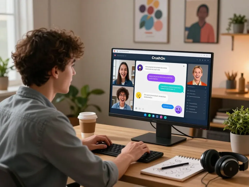 Engaging scene with CrushOn AI displayed on a computer screen in a cozy home office.
