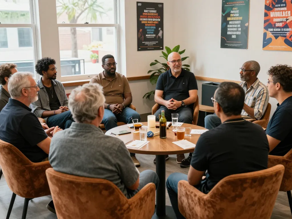 Men engaging in discussion at a man club event, fostering community and support.