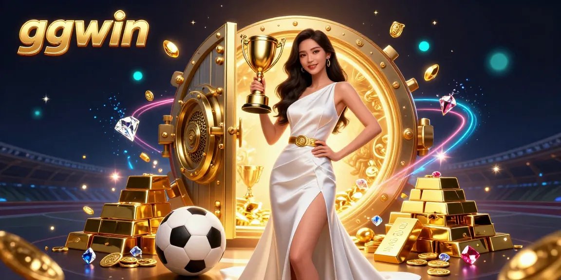 Win big with ggwin at the online casino featuring a stunning Asian woman celebrating with a trophy and casino elements.
