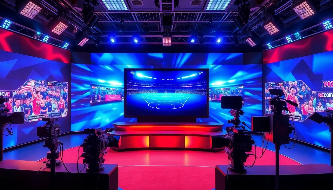 Sports Broadcasting studio with high-tech equipment and vibrant screens.