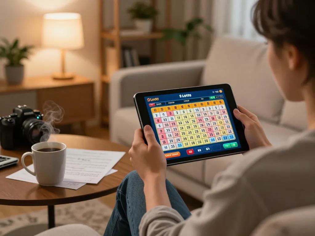 Engaging in 9 Lotto 4D lottery gameplay on a tablet at home with strategic notes.