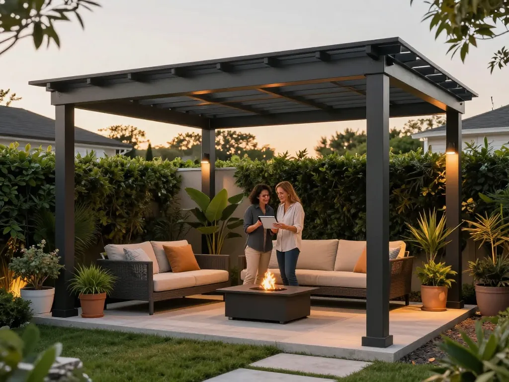 Configuratore pergole con preventivi automatici in uno spazio esterno moderno, coppia che personalizza la propria pergola con un tablet.