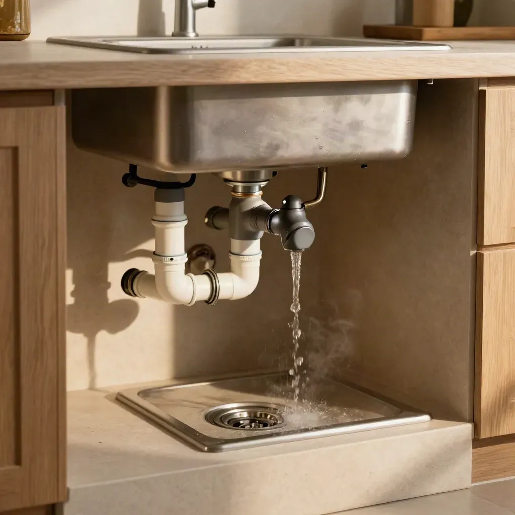 Rete idraulica di cucina in acciaio con tubi, sifone e acqua che scorre, piano asciutto.