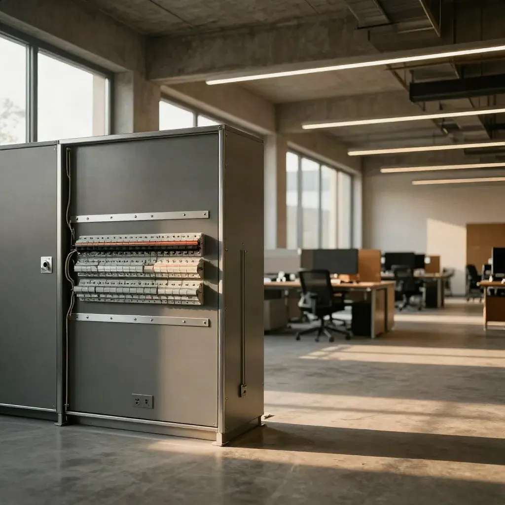 Quadro elettrico nuovo in ufficio open-space con luci LED operative e canaline ordinate.