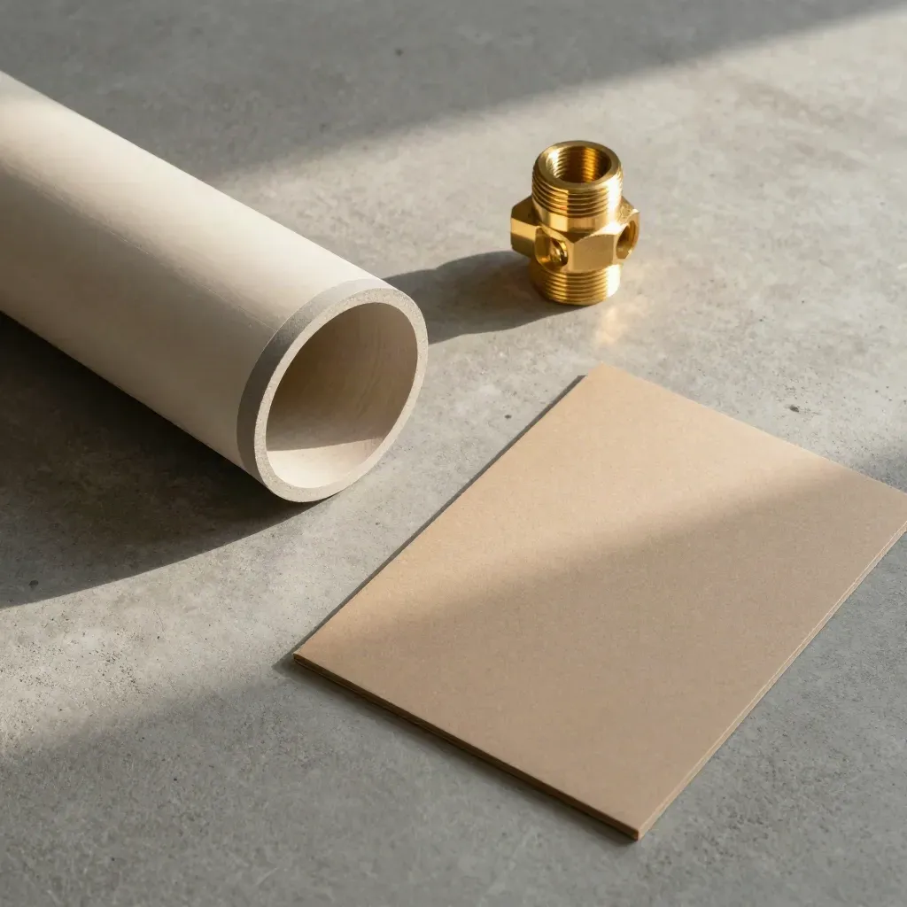 Flatlay tecnico con tubo multistrato, raccordo in ottone e cartellina chiusa su cemento.