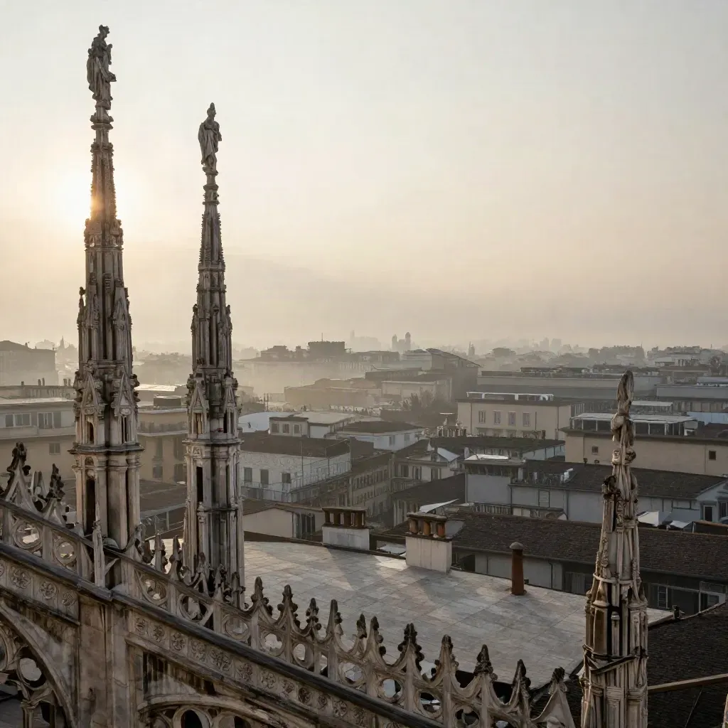 Veduta di Milano all’alba con il Duomo sopra la foschia e i tetti di pietra.