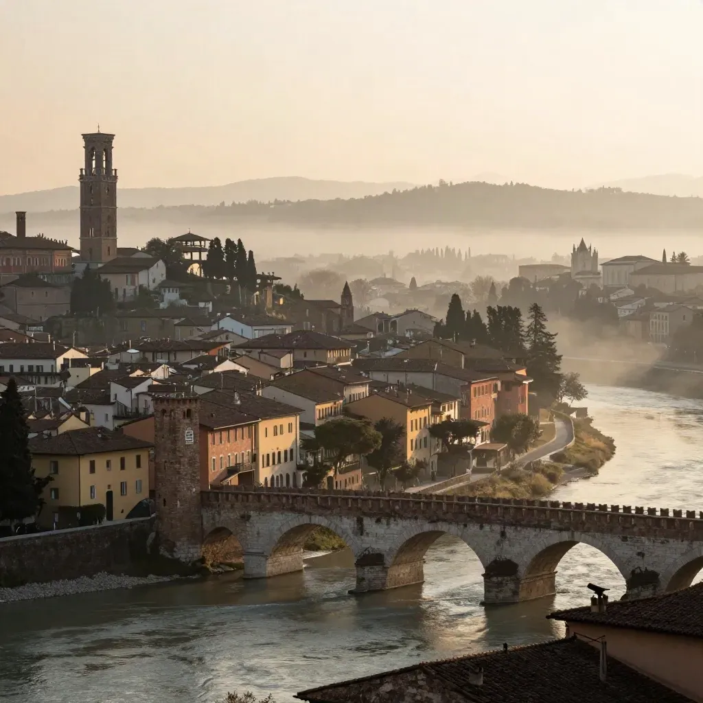 Verona al tramonto con Ponte Pietra e mura rosate sopra l’Adige nella foschia.