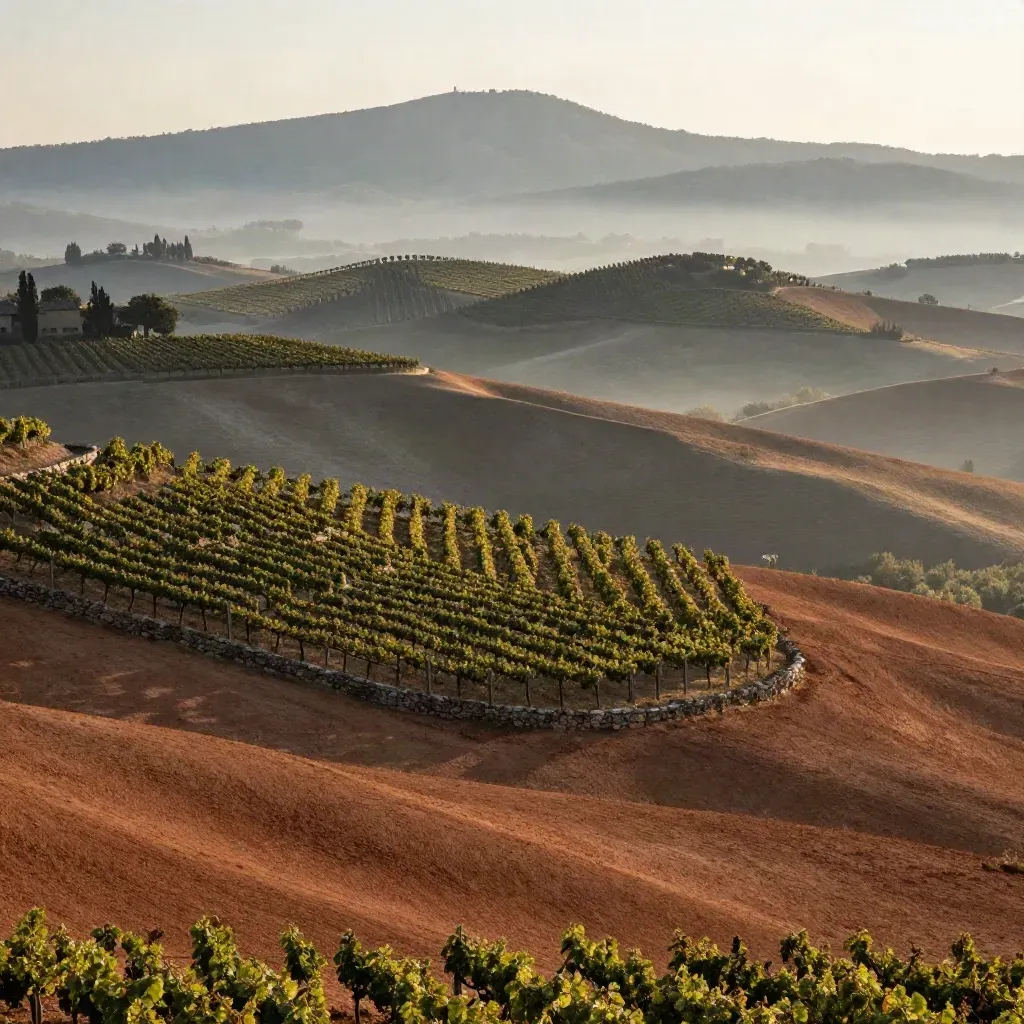 Colline delle Langhe con vigneti ordinati e Alpi lontane in luce dorata.