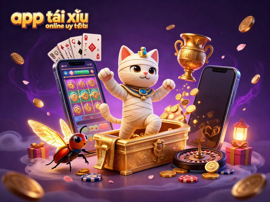 Experience the thrill of app tài xỉu online uy tín with a vibrant casino scene featuring an Egyptian mummy cat.