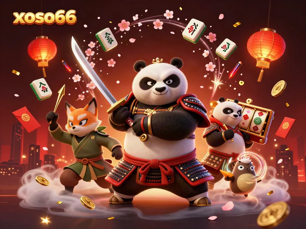 xoso66 immersive gaming scene with samurai panda and ninja fox alongside slot reels and cherry blossoms.