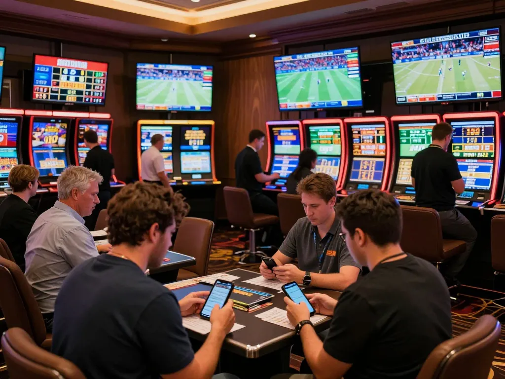 Engaged bettors placing bets at Nhà cái OPEN88 with live sports screens displaying odds and events