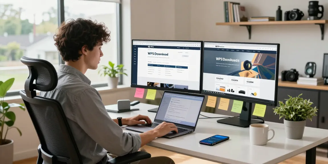 Professional home office scene with WPS Download shown on screens, emphasizing productivity and comfort