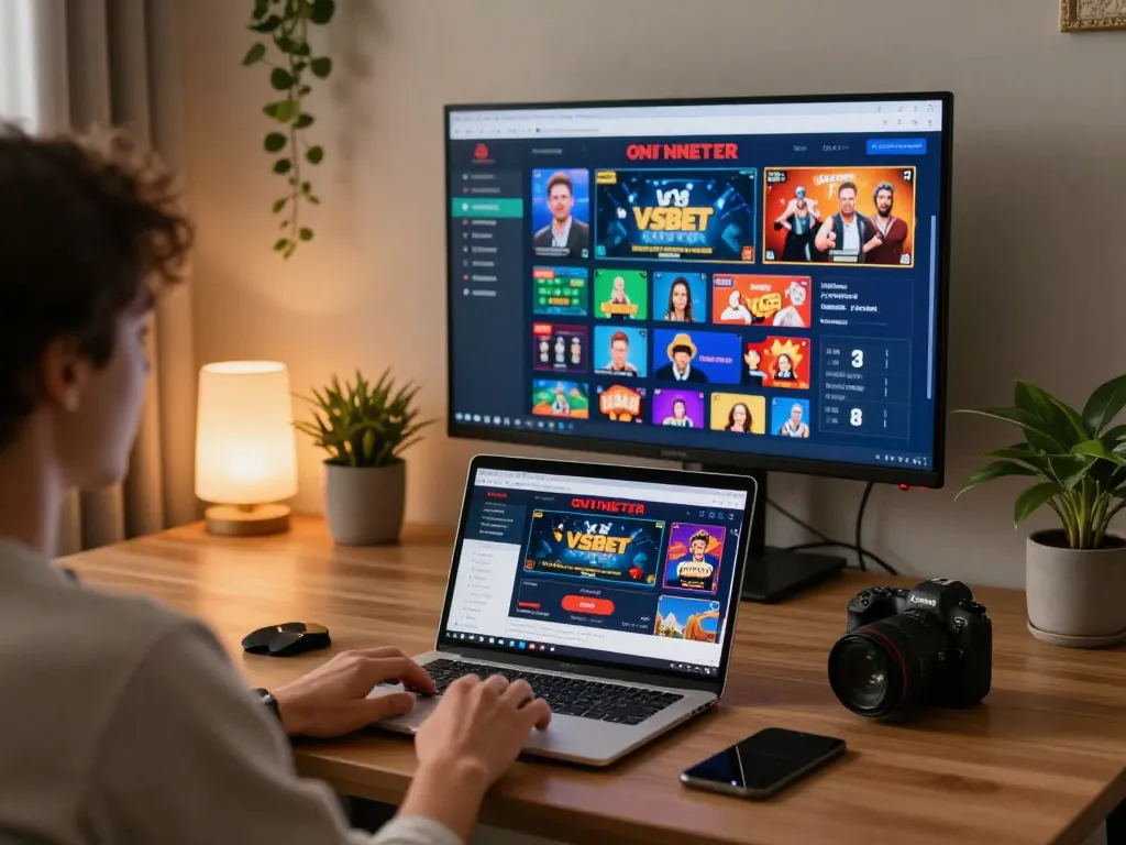 Player engaging with VSBET online casino on laptop in a cozy home setup.
