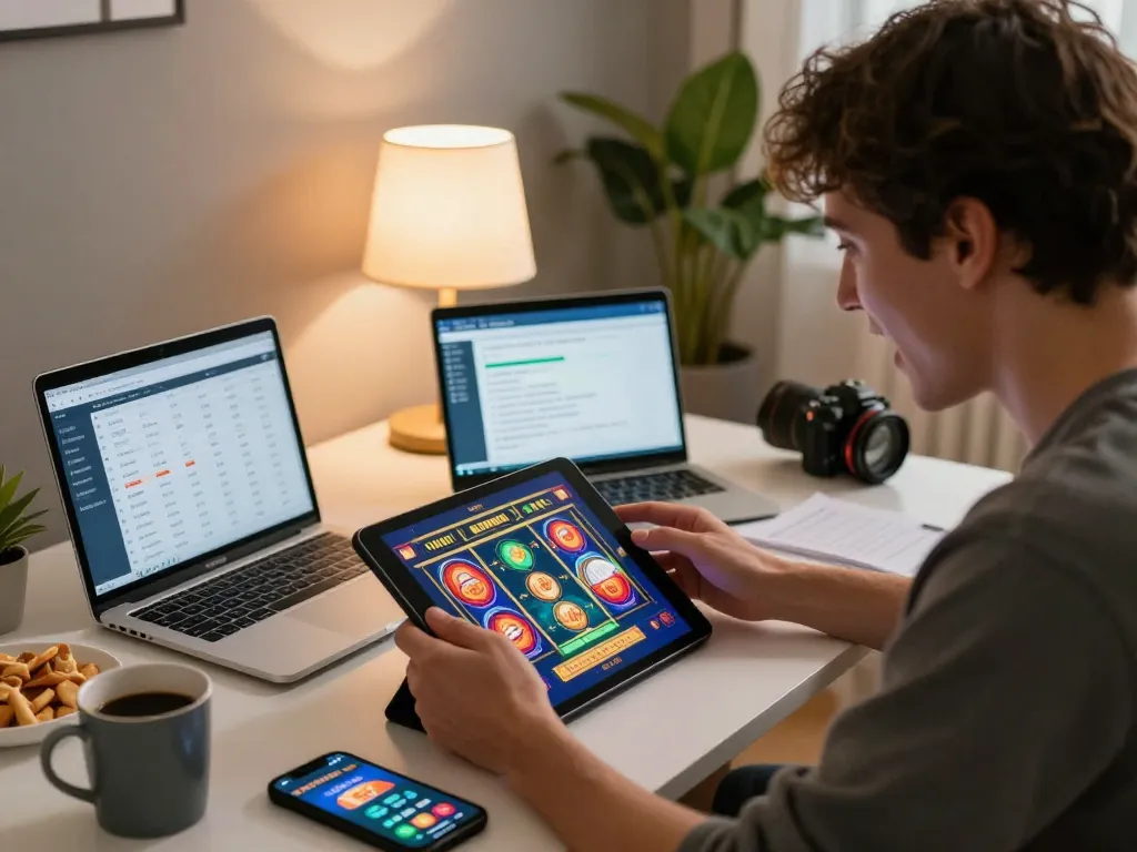 Player engaging with yo88i slots app in modern home setting, demonstrating immersive online gaming.