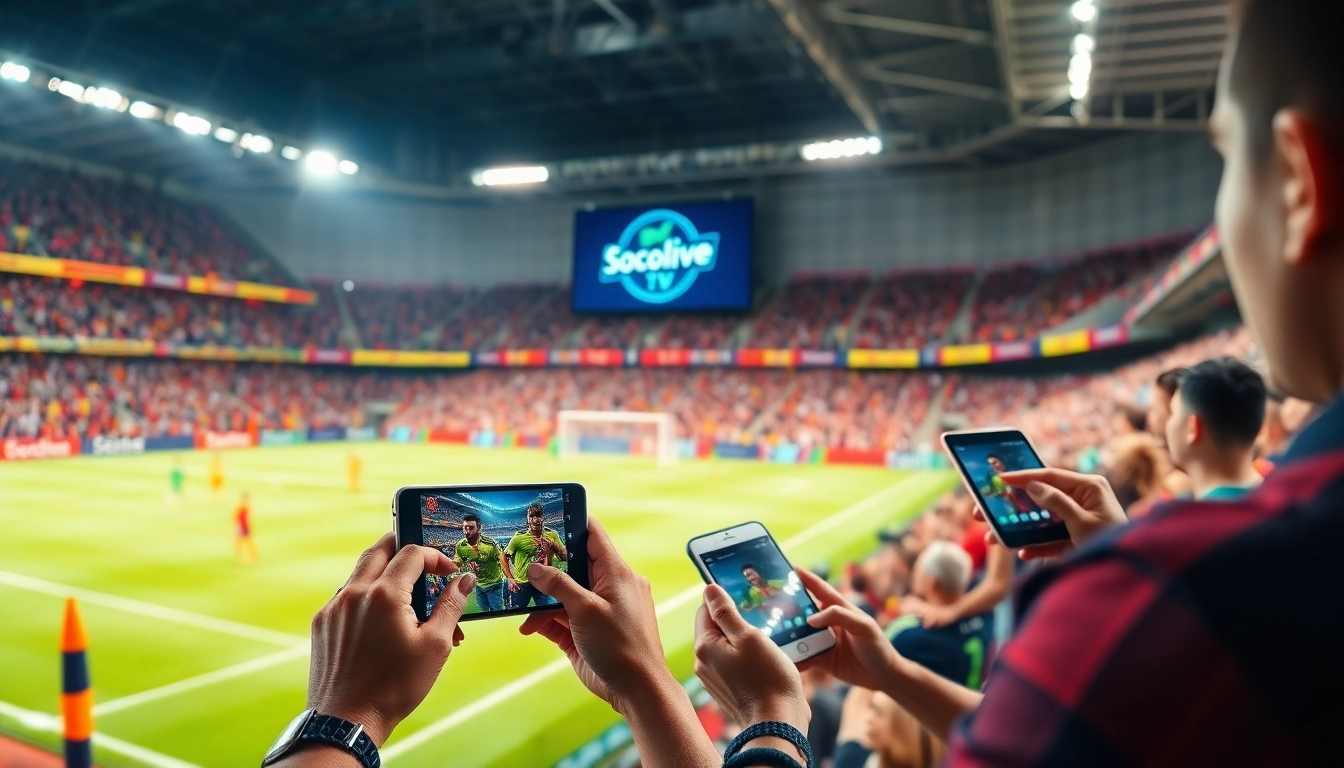 Socolive TV offers a dynamic live soccer streaming experience, showcasing fans engaged in the action on digital devices.