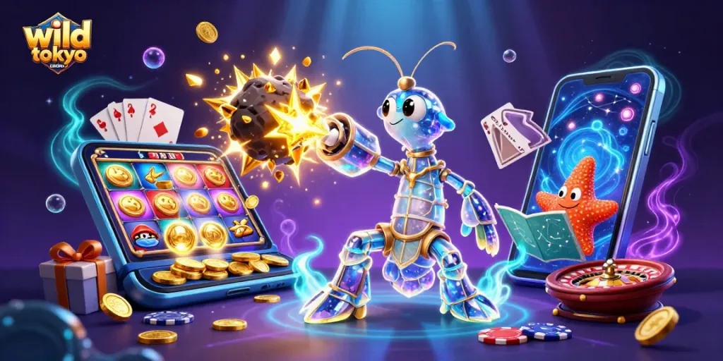 Experience the excitement of wild tokyo casino with dynamic game elements in this vibrant 3D illustration.