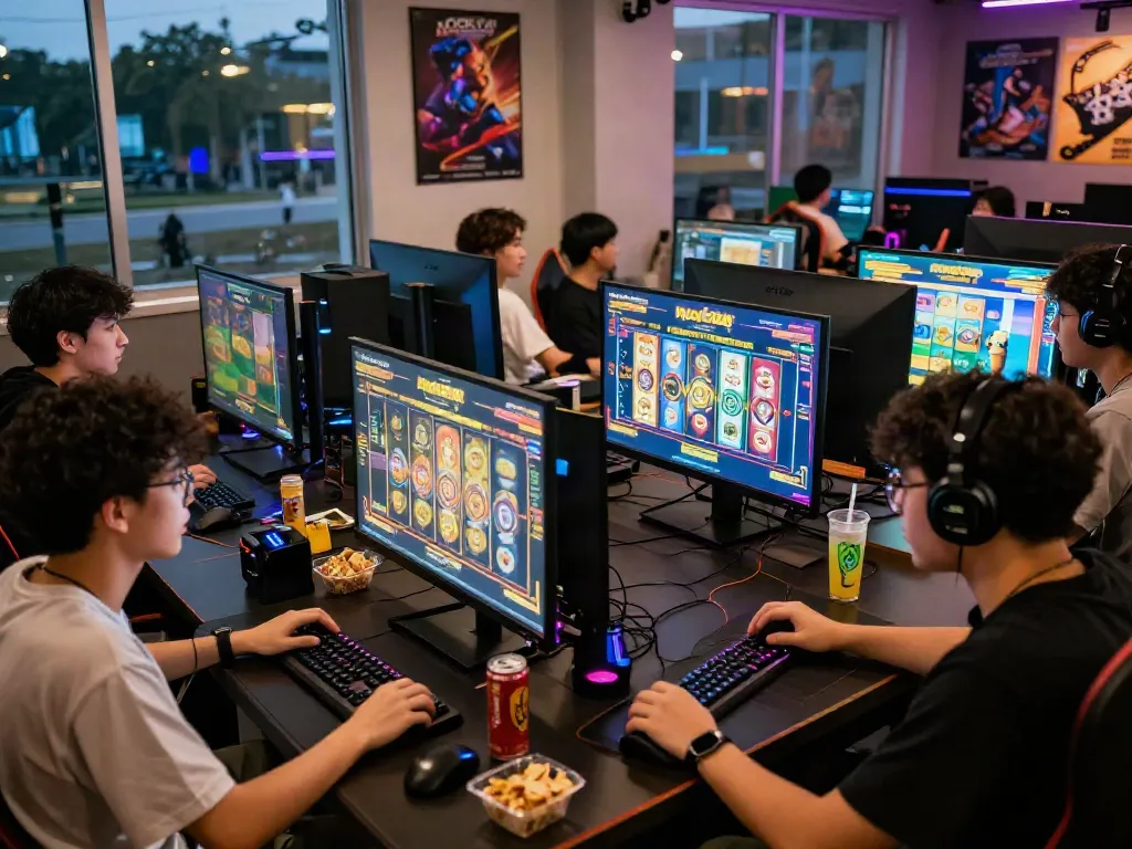Engaged players enjoying rokok88 slot game in an energetic gaming cafe.