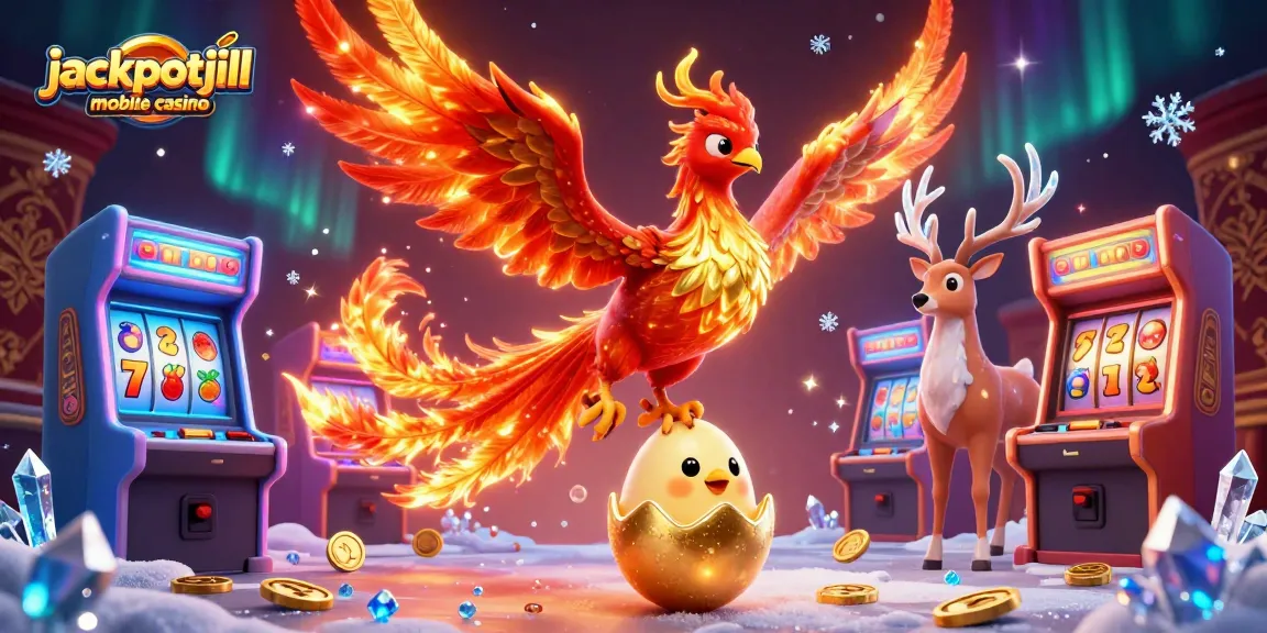Engage with the jackpotjill mobile casino experience featuring a vibrant 3D scene of a flying phoenix and gaming elements.