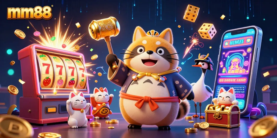 Spin to win big with mm88's exciting gaming experience featuring playful characters and slot machines.