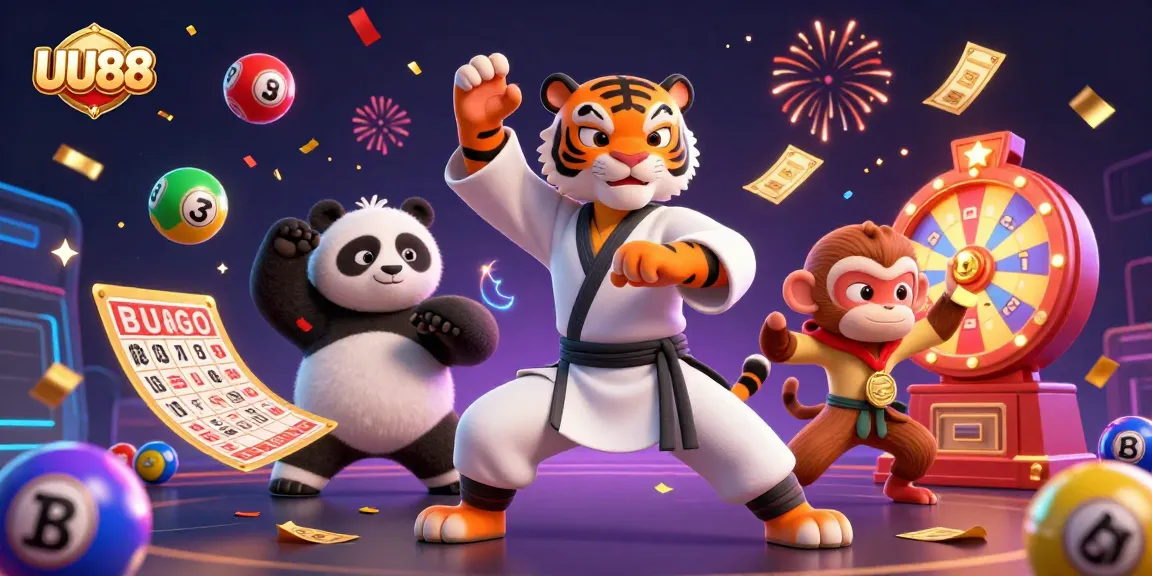Experience the excitement of UU88 with a dynamic 3D casino illustration filled with lottery games and vibrant visuals.