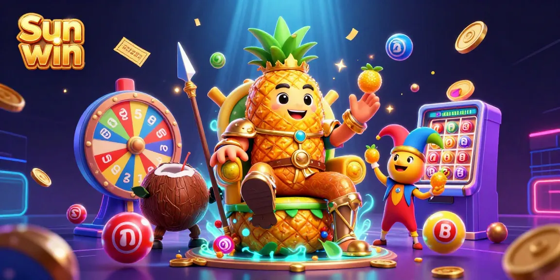 Experience the vibrant world of Sun win with dynamic lottery elements and rich 3D characters in a stunning casino scene.