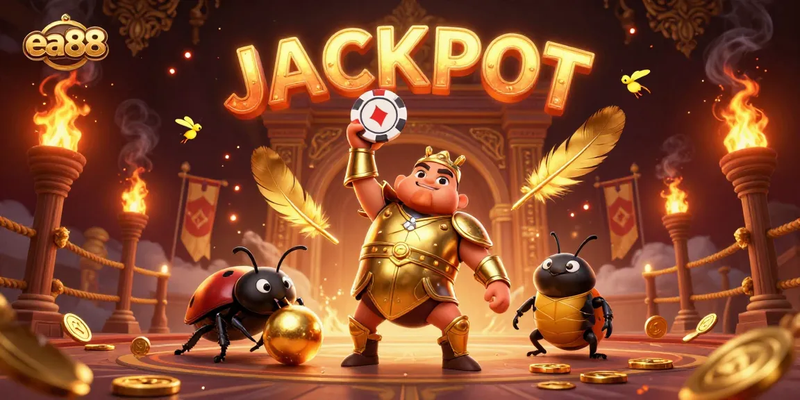 Win big at ea88 with a victorious beetle lifting a poker chip in an exciting casino scene.