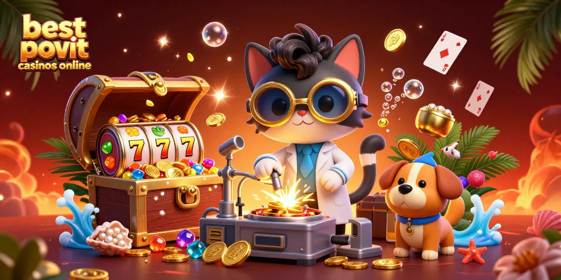 Experience the excitement at the best payout casinos online with a mad scientist cat and playful dog surrounded by gold coins.