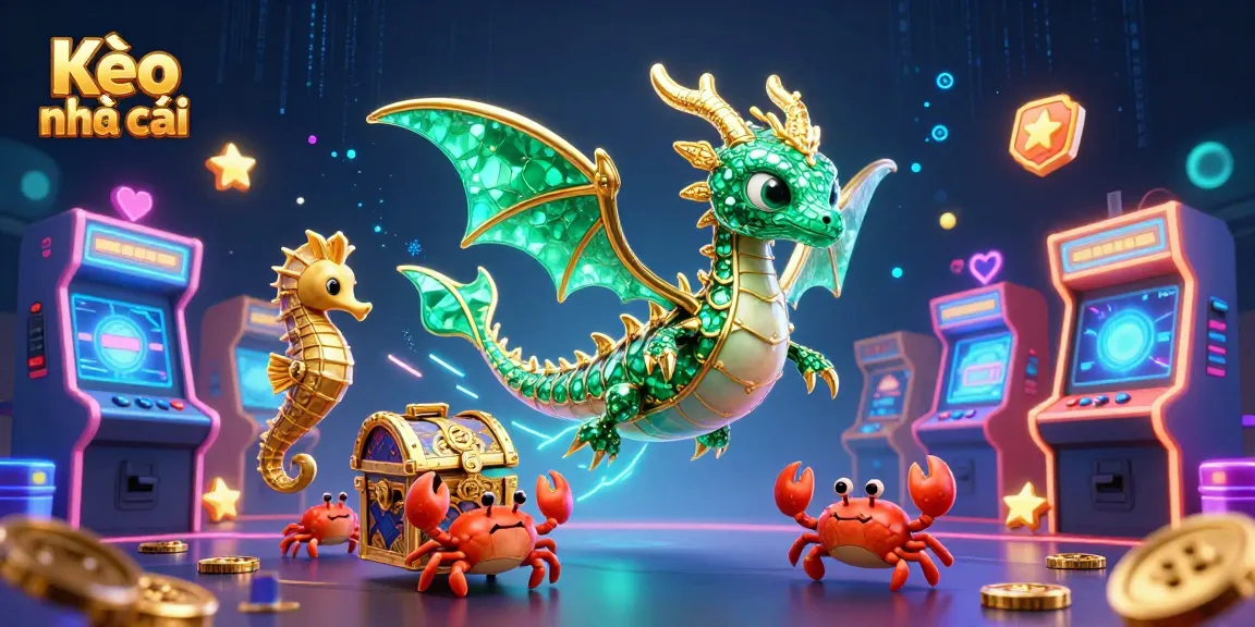 Kèo nhà cái scene featuring a luxurious emerald sea dragon surrounded by arcade elements and crabs in a casino setting.