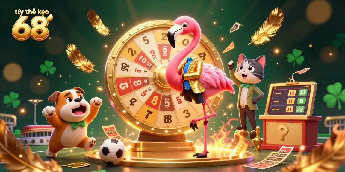 Thrilling scene featuring tỷ lệ kèo 68 with a game show host, bulldog contestant, and cat assistant amidst sports betting excitement.