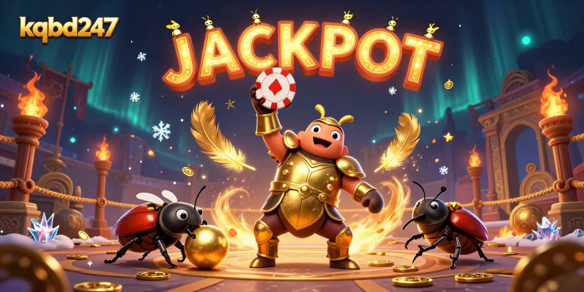 Engage in thrilling gameplay at KQBD247, where a gladiator beetle celebrates victory with golden tokens, embodying the excitement of online betting.
